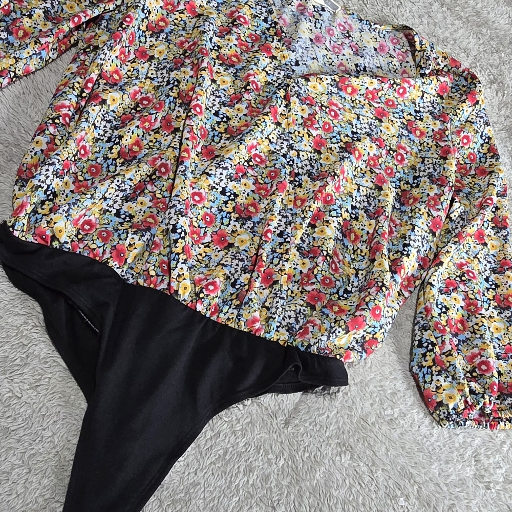 Pleione Multicolor Floral Button-Front Bodysuit with Black Trim
